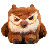 Plush owl toy with a serious expression on a white background