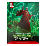 Front cover of the Dungeons & Dragons Arcana Unleashed Deadfall adventure expansion, showing a skeletal figure in a red robe casting magic with glowing green energy, with the Dungeons & Dragons logo in the top-left corner.