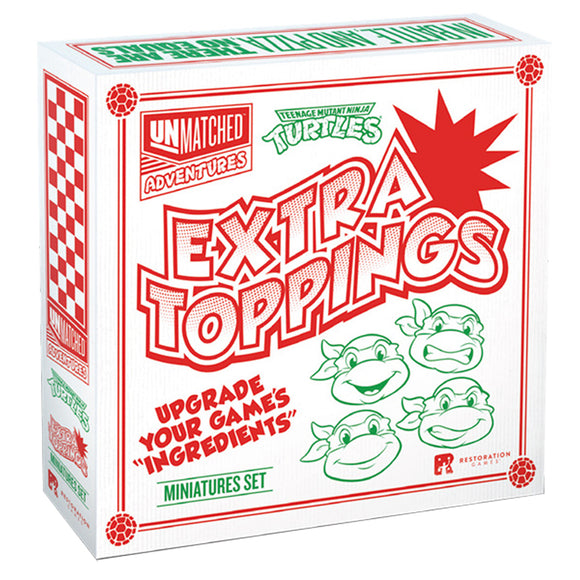 Box of 'Extra Toppings' miniatures set with cartoon turtle faces on a white background