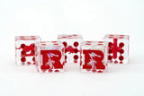 Clear cubes with red letter 'R' and silhouette design on a white background