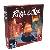 Board game box for 'Rival Cities' with a ship and cityscape design.
