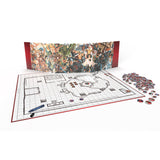 Board game setup with a map, markers, and colorful artwork in the background