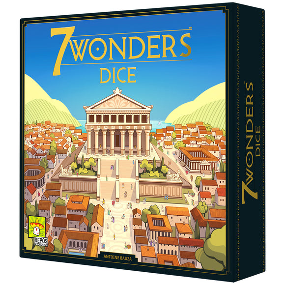 Box of '7 Wonders Dice' board game with classical architecture illustration