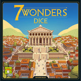 Board game box for '7 Wonders Dice' with a classical temple and town design.
