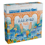 Board game box for 'Railroad Tiles' with colorful design and train illustration.