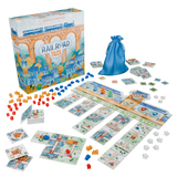 Board game set with 'Railroad Tiles' packaging, tiles, and components on a white background