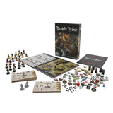 Board game set with pieces and components on a white background