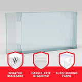 Clear display case with features highlighted on a red banner