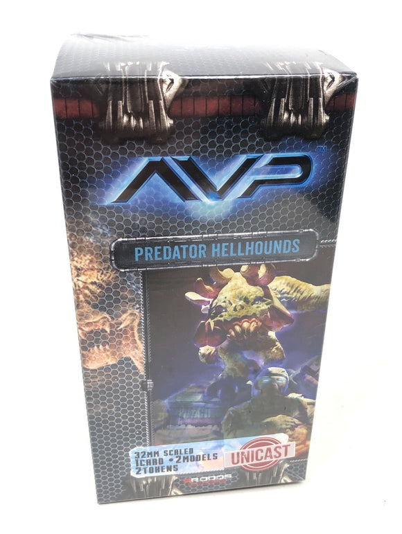Unopened toy box with 'AVP' branding and 'Predator Hellhounds' design on a white background