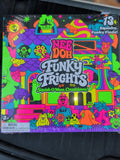 A boxed toy product titled 'Ned Doh Funky Frights' with bright neon multicolor artwork and the text 'Squish-O-Ween Countdown!' and '13 Squishy Funky Finds!' on a dark surface.