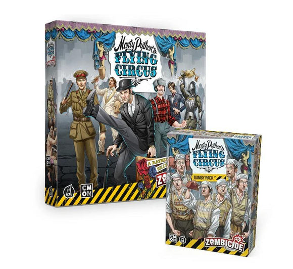 Board game box for 'Monty Python's Flying Circus' with character illustrations on a white background