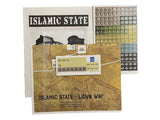 Map and documents with 'Islamic State' and 'Libya War' text on a white background