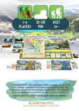 Board game packaging with components and promotional text on a scenic background