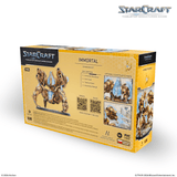 StarCraft tabletop miniature game Immortal box set packaging, shown at a three-quarter angle on a clean white background. The yellow and black box features artwork of a sci-fi mecha unit and lists included contents.