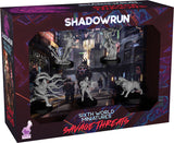 Shadowrun miniatures set in packaging with cityscape background