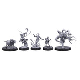 Five gray miniature figurines on black bases against a white background
