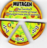 Pizza-shaped card with game text and symbols on a white background