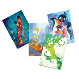 Four colorful illustrated cards featuring different scenes and characters on a white background.