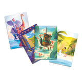 Set of four colorful greeting cards with various designs on a white background
