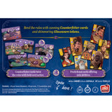 Card game packaging with various cards and text on a blue background
