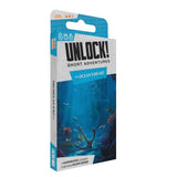 Card game packaging titled 'Unlock! Short Adventures' with an underwater scene on a white background