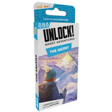 Card game box titled 'Unlock! Short Adventures: The Ascent' with a mountain scene on the cover.