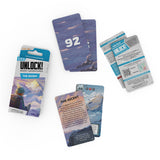 Set of 'Unlock!' adventure cards with mountain-themed artwork on a white background