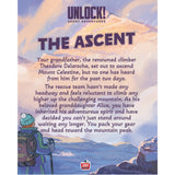 Adventure-themed poster with text and mountain illustration, featuring the title 'The Ascent' and branding for 'Unlock! Short Adventures'.