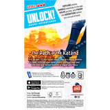 A promotional poster or cover-style graphic for a mobile game titled 'UNLOCK! Short Adventures' with the subtitle 'The Path of the Katana.' The design includes a blue header, a warm orange-and-yellow illustrated background, a dark sword, and text describing gameplay and platform logos for App Store, Google Play, and Space Invaders.