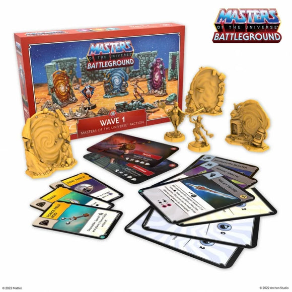 Masters of the Universe Battleground game set with figures and cards on a white background
