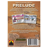 Back cover of the board game Prelude from Terrifying Mars, showing product details, rules text, included cards and project cards, a barcode, and the Stronghold Games logo on a brown textured background.