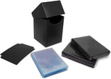 Collection of black card sleeves and a blue card holder on a white background