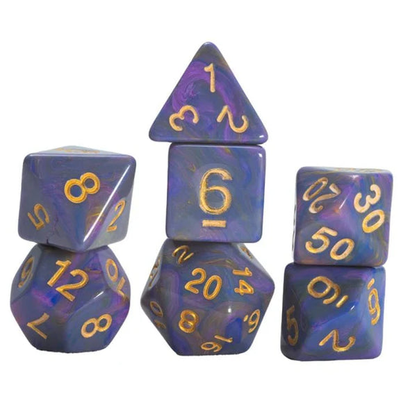 Set of purple polyhedral dice with gold numbers on a white background