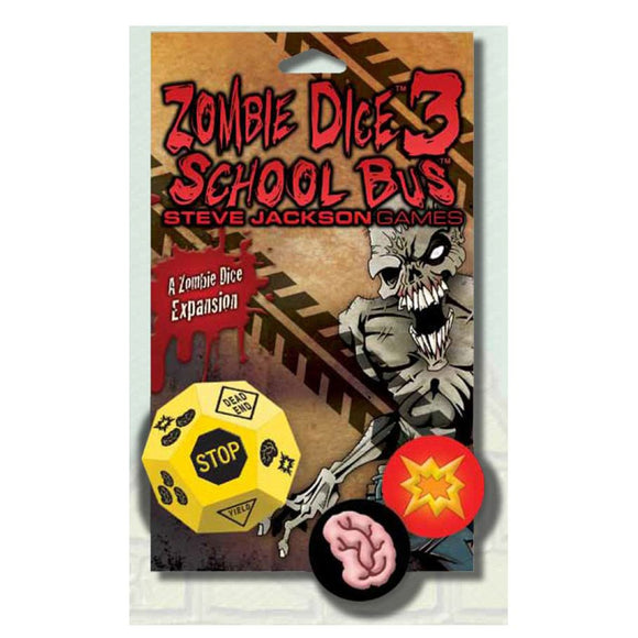 Zombie Dice 3 School Bus game expansion packaging with dice and figurine on a white background