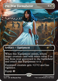 Card featuring a character in a white dress with text and graphics on a dark background
