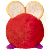 Red plush toy with lemon slice ears on a white background