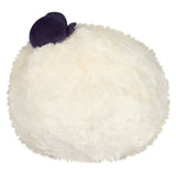 White fluffy ball with a purple flower on a white background