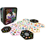 Sportin' Connect card game set with a black tin box and multiple hexagonal cards displayed on a white background.