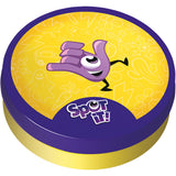 Round container with purple lid featuring a cartoon character and 'Spot It!' branding on a yellow background.