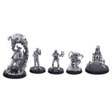 Five gray miniature figurines on black bases against a white background