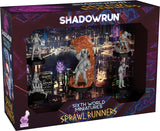 Shadowrun game box with miniature figures and cityscape background