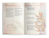 Open book with illustrations and text on a character and cooking classes.