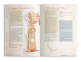 Open book with illustrations and text on a white background
