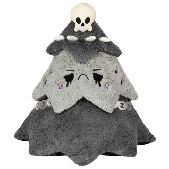 Plush toy resembling a ghost with a skull on top, on a white background