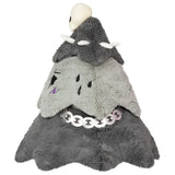 Gray plush toy with a white face and black eyes on a white background