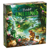 Everdell Emerald Collector's Edition board game box featuring a lush jungle illustration with a bear character, waterfall, dragonfly, and title text on a white background.