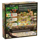 Everell Emerald Collector's Edition board game box shown from the back, featuring colorful artwork of a fantasy forest scene with game components and rules text.