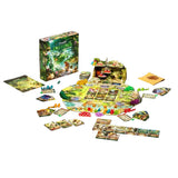 Board game set with pieces and cards on a white background