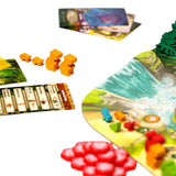 Board game components including a scenic board, cards, orange player tokens, red resource tokens, and green tree pieces on a white background.