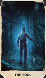 Man standing in a dark forest with a knife, titled 'The Fool'.